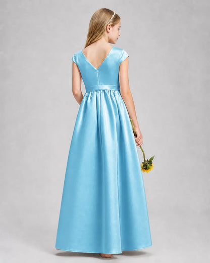 Sky Blue Satin A-line Junior Bridesmaid Dress Back View