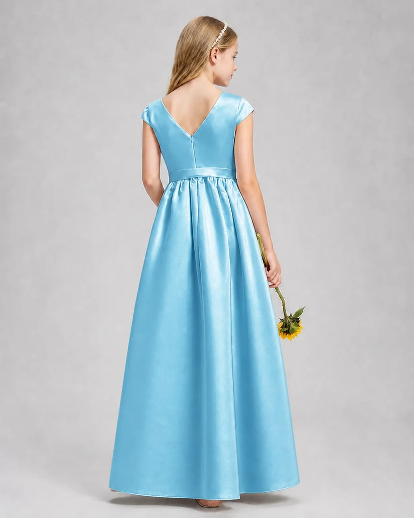 Sky Blue Satin A-line Junior Bridesmaid Dress Back View