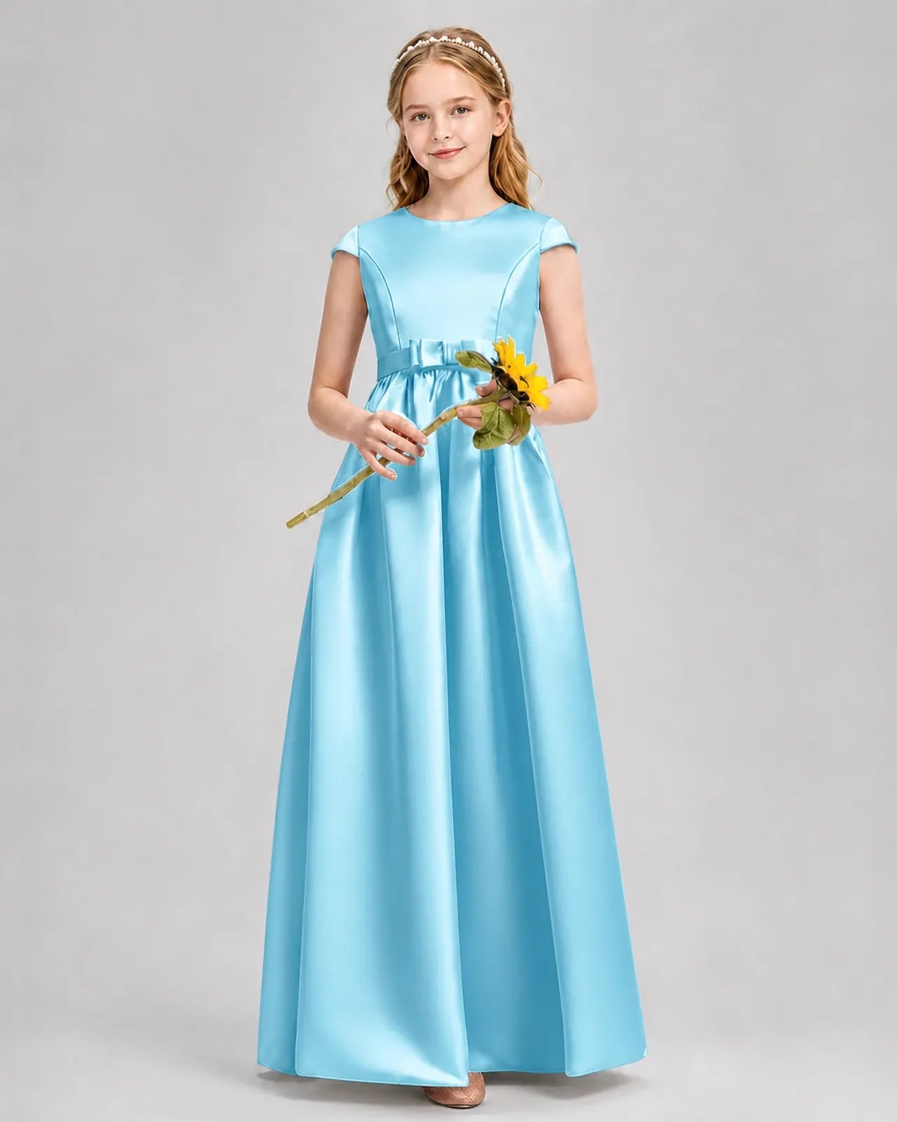 Sky Blue Satin A-line Junior Bridesmaid Dress Front View