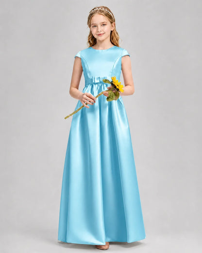 Sky Blue Satin A-line Junior Bridesmaid Dress Front View