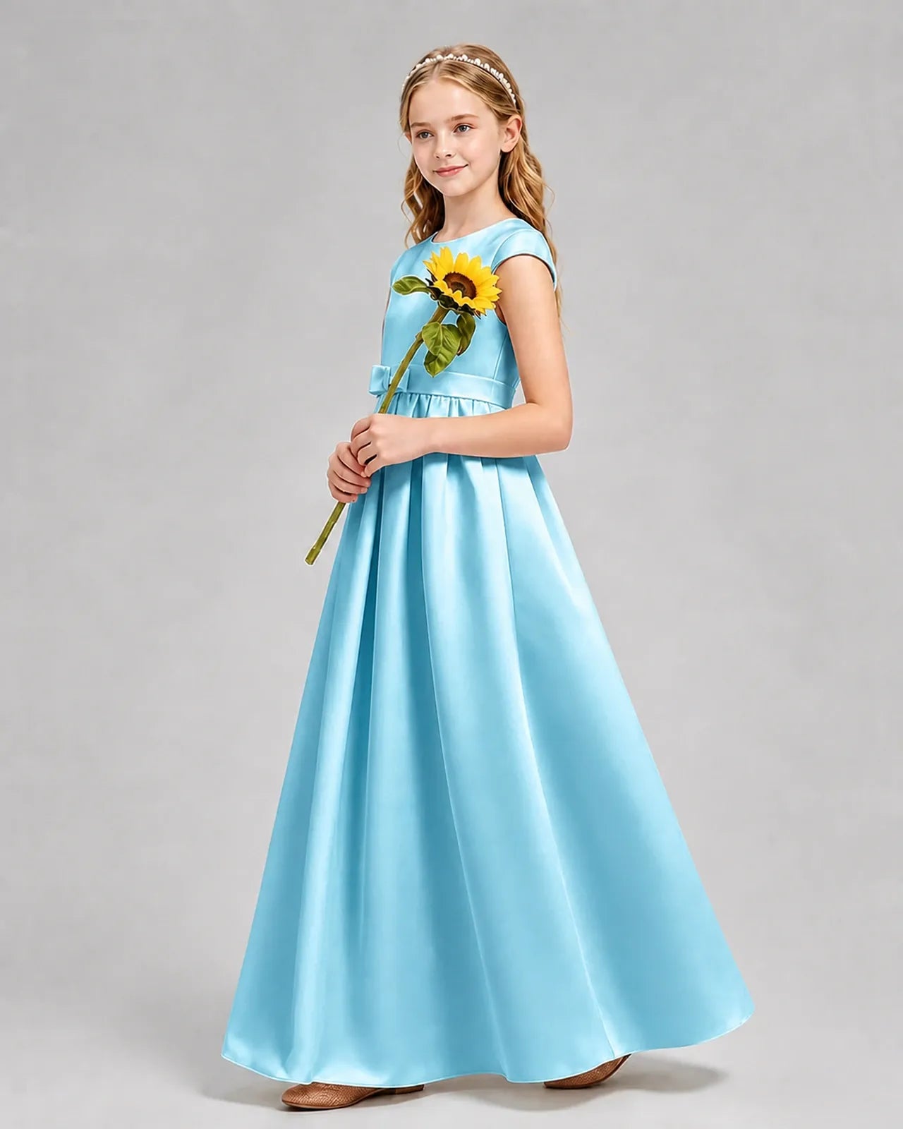Sky Blue Satin A-line Junior Bridesmaid Dress Side View
