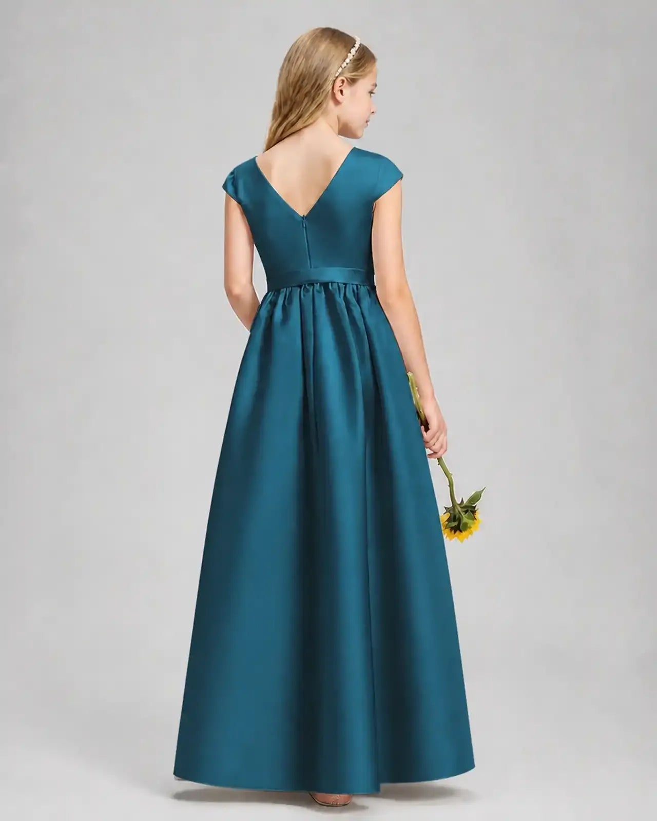 Teal Satin A-line Junior Bridesmaid Dress Back View