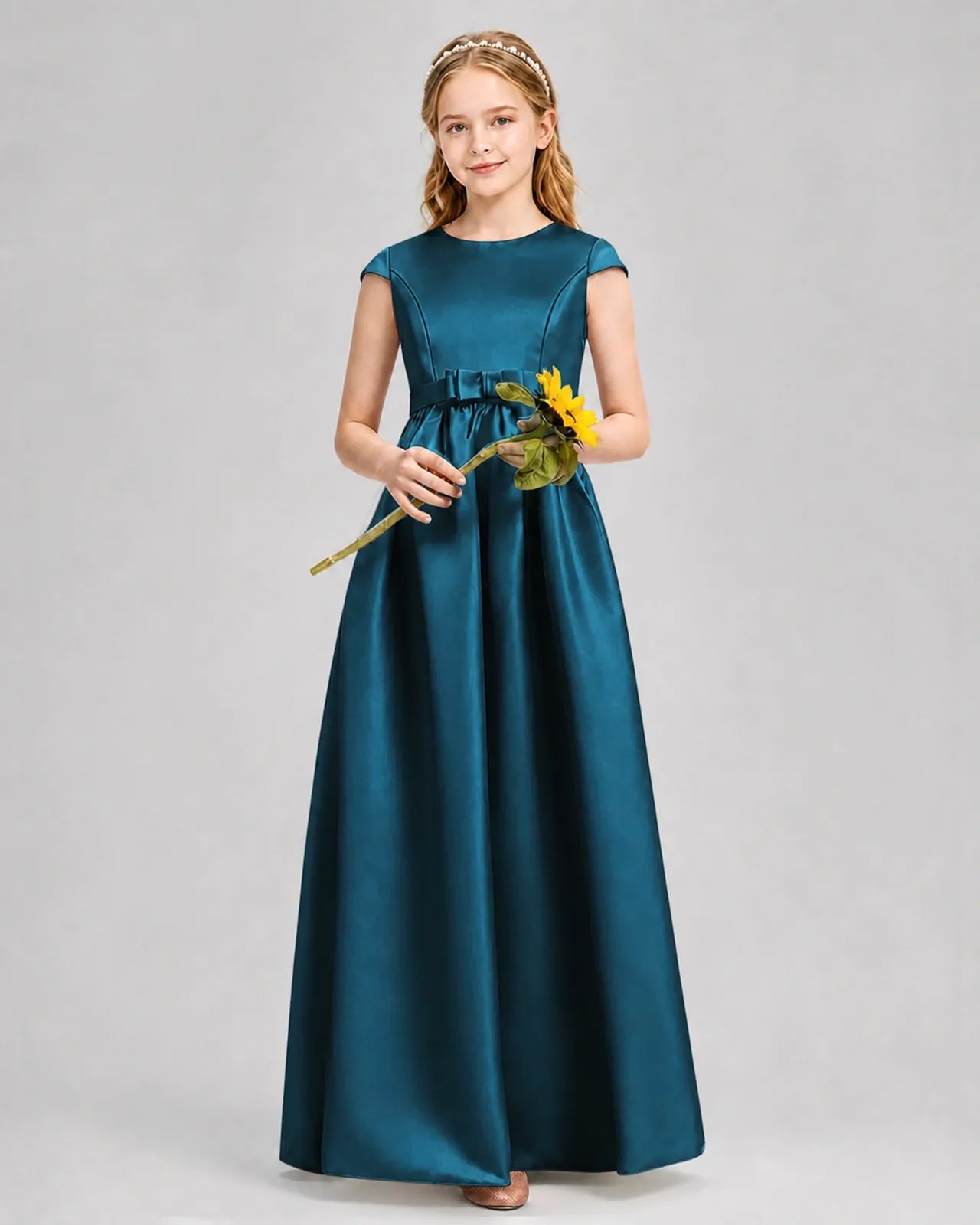 Teal Satin A-line Junior Bridesmaid Dress Front View