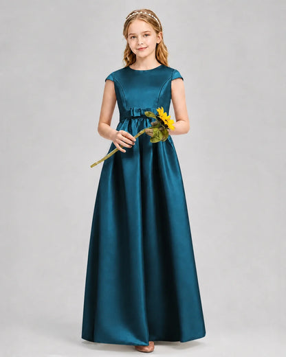 Teal Satin A-line Junior Bridesmaid Dress Front View
