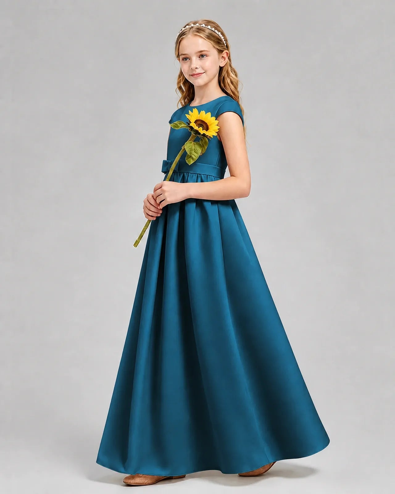 Teal Satin A-line Junior Bridesmaid Dress Side View