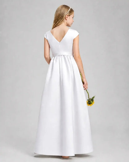 White Satin A-line Junior Bridesmaid Dress Back View