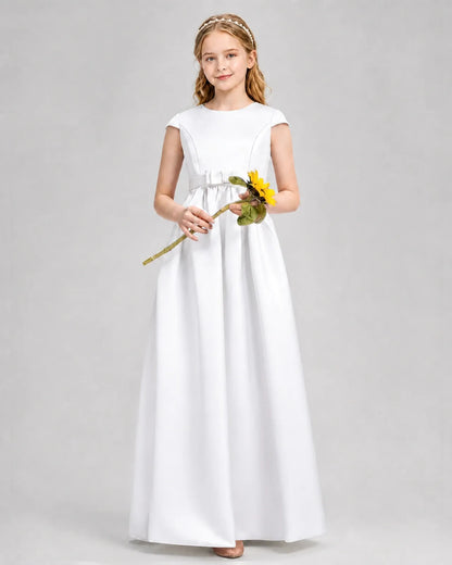 White Satin A-line Junior Bridesmaid Dress Front View