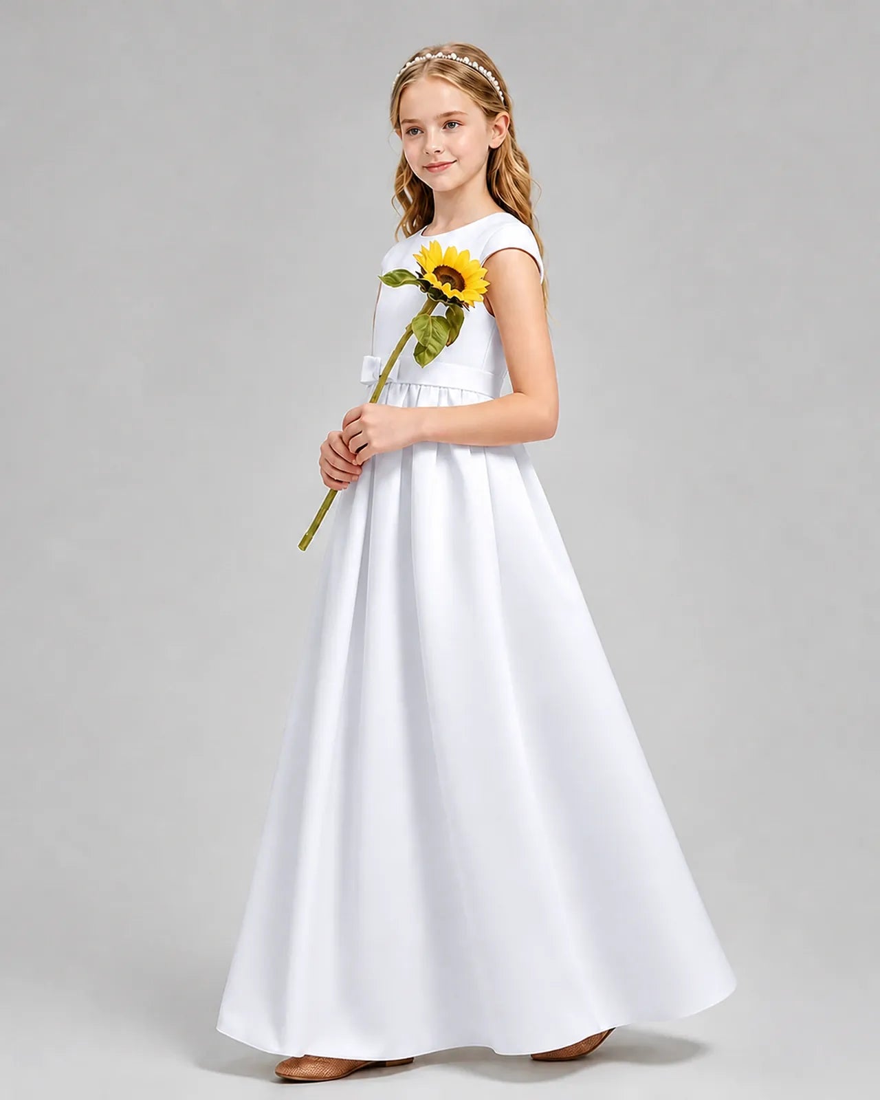 White Satin A-line Junior Bridesmaid Dress Side View