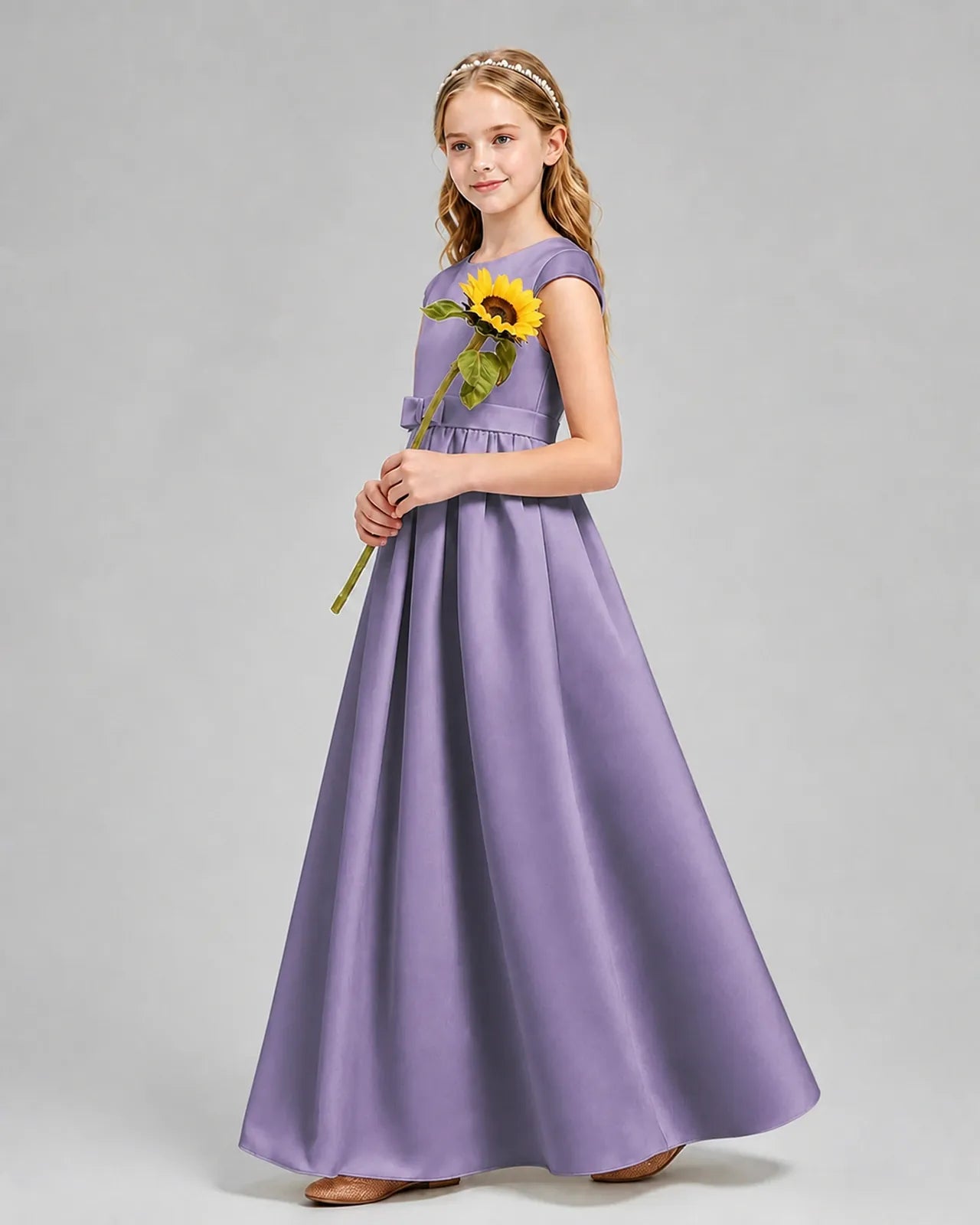Wisteria Satin A-line Junior Bridesmaid Dress Side View