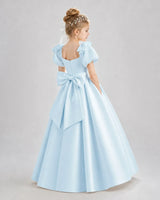 Baby Blue Satin A-line Flower Girl Dress Back View