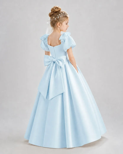 Baby Blue Satin A-line Flower Girl Dress Back View