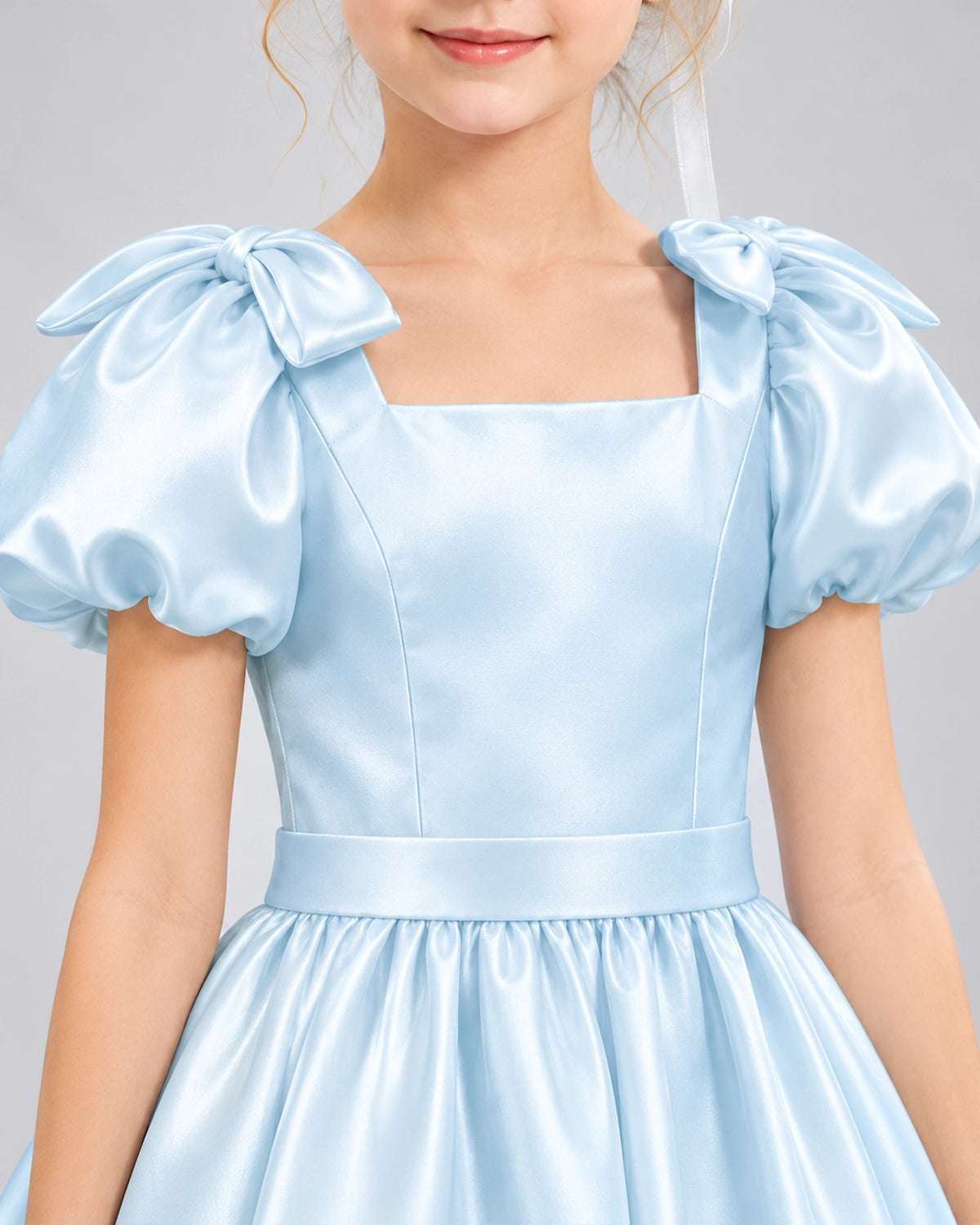 Baby Blue Satin A-line Flower Girl Dress  Detail View [Shared]