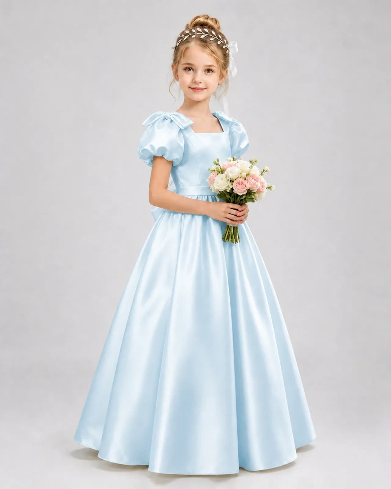 Baby Blue Satin A-line Flower Girl Dress Front View