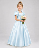 Baby Blue Satin A-line Flower Girl Dress Front View