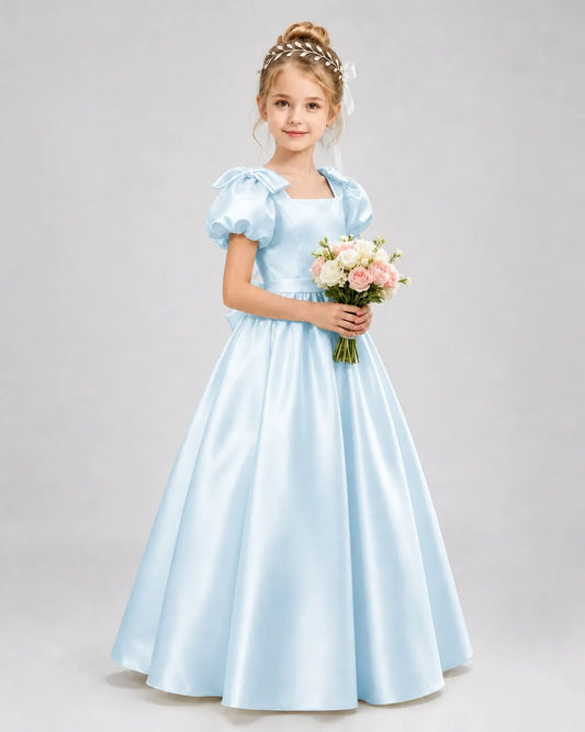 Baby Blue Satin A-line Flower Girl Dress Front View
