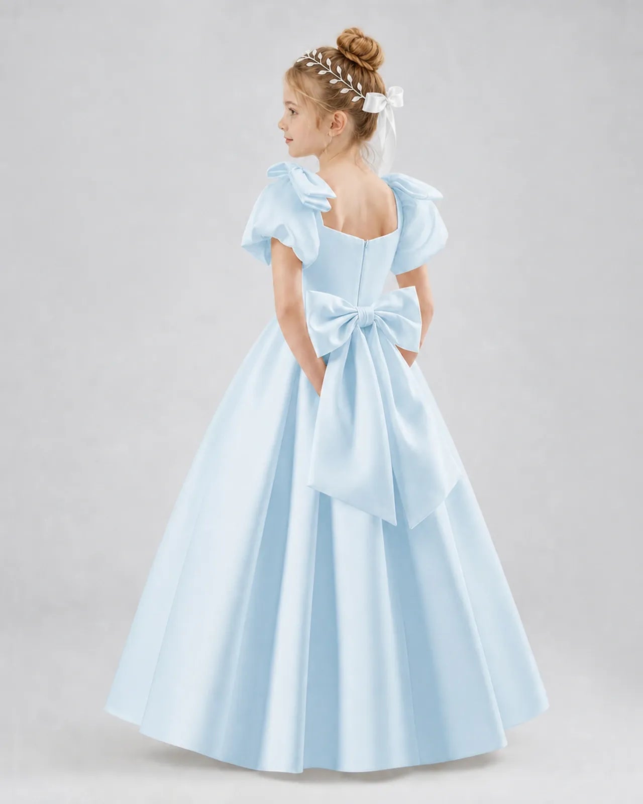 Baby Blue Satin A-line Flower Girl Dress Side View