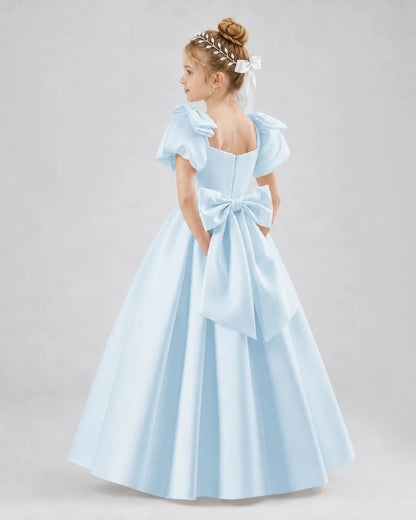 Baby Blue Satin A-line Flower Girl Dress Side View