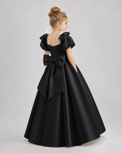 Black Satin A-line Flower Girl Dress Back View
