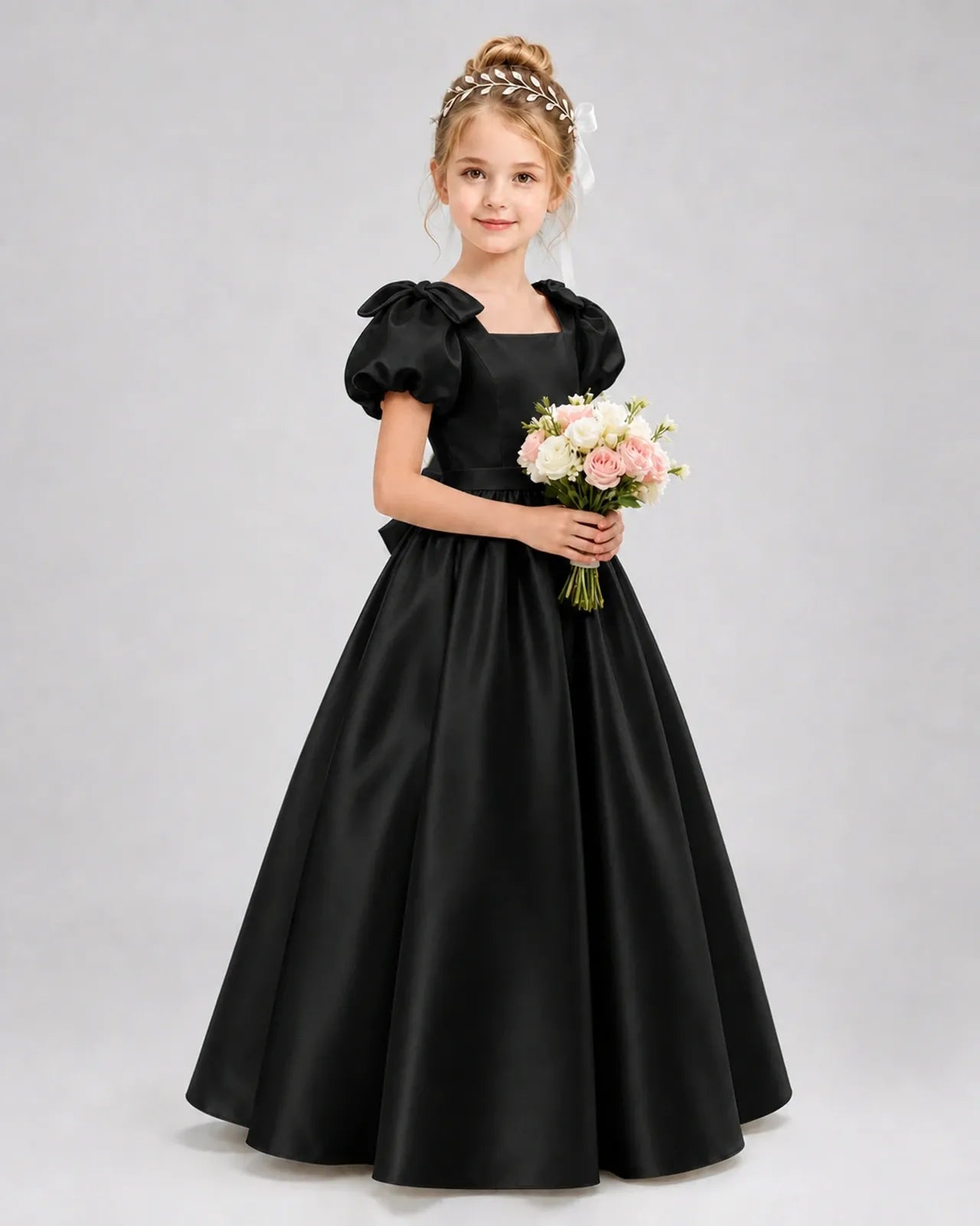 Black Satin A-line Flower Girl Dress Front View
