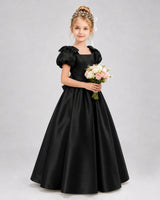 Black Satin A-line Flower Girl Dress Front View