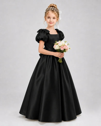 Black Satin A-line Flower Girl Dress Front View