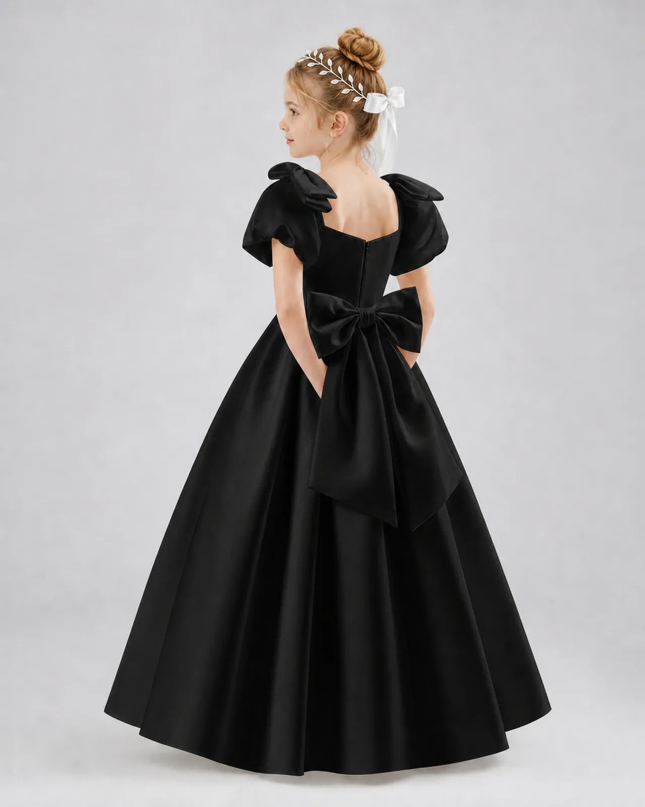 Black Satin A-line Flower Girl Dress Side View