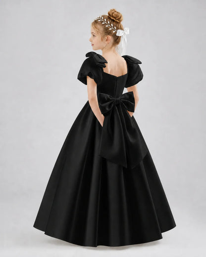 Black Satin A-line Flower Girl Dress Side View