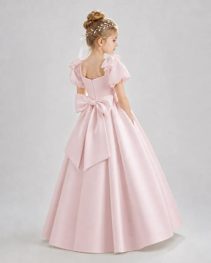 Blush Pink Satin A-line Flower Girl Dress Back View