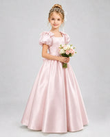 Blush Pink Satin A-line Flower Girl Dress Front View