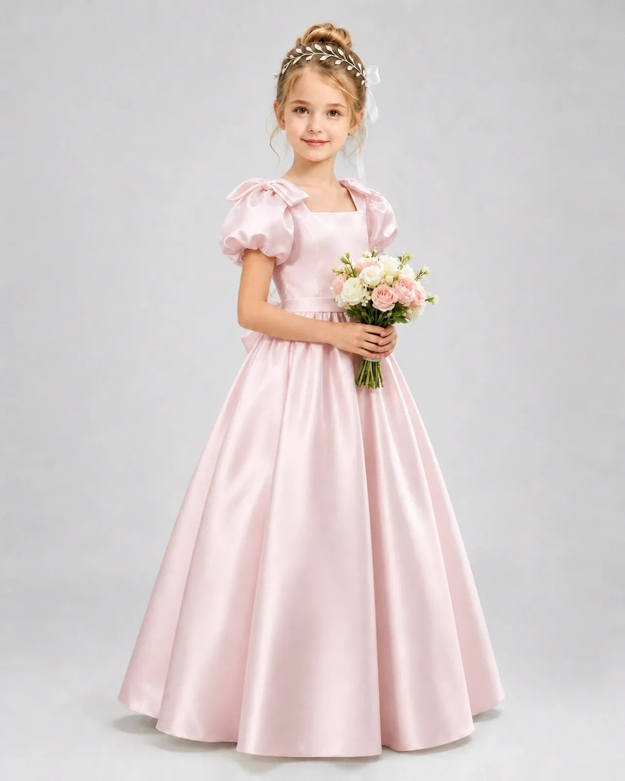 Blush Pink Satin A-line Flower Girl Dress Front View