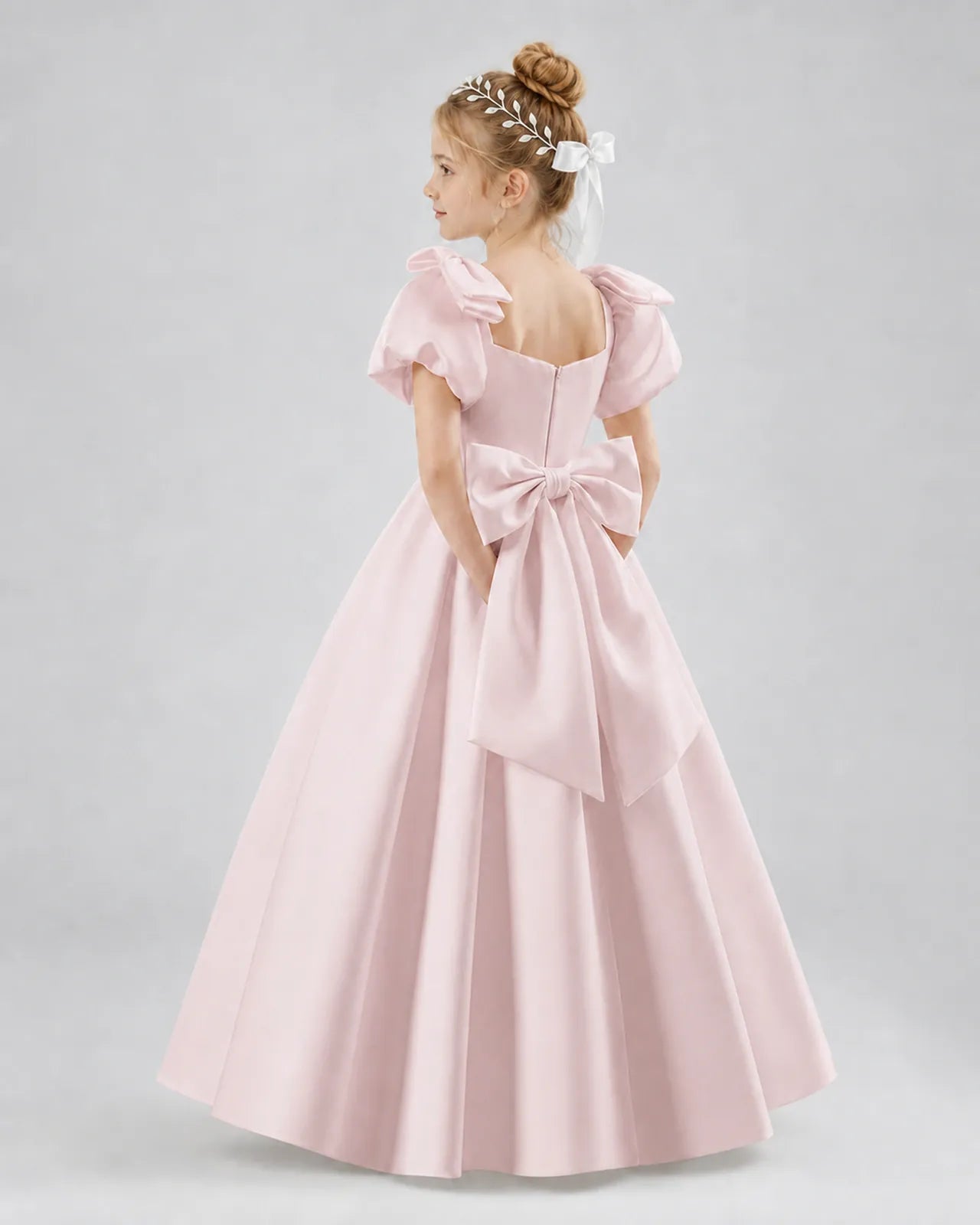 Blush Pink Satin A-line Flower Girl Dress Side View