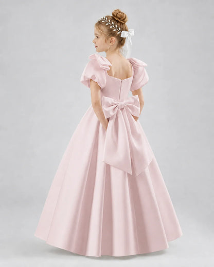 Blush Pink Satin A-line Flower Girl Dress Side View