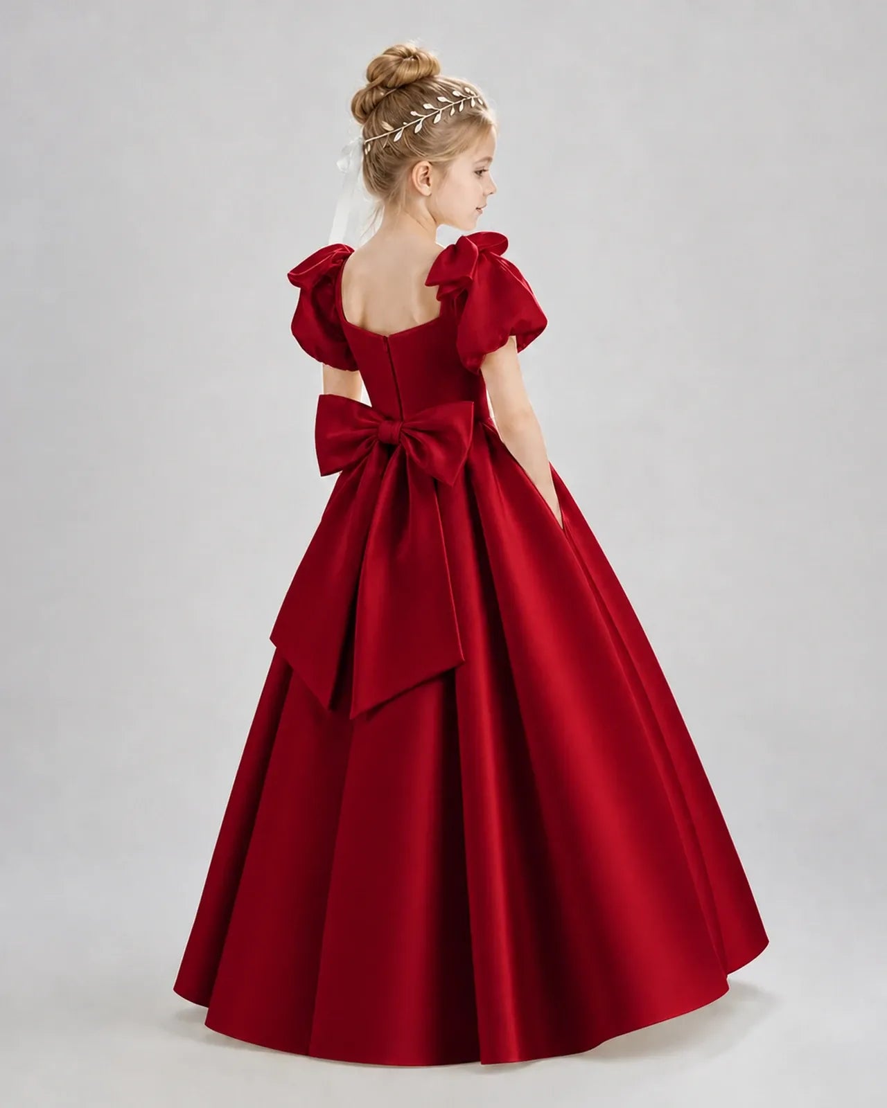 Burgundy Satin A-line Flower Girl Dress Back View