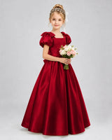 Burgundy Satin A-line Flower Girl Dress Front View