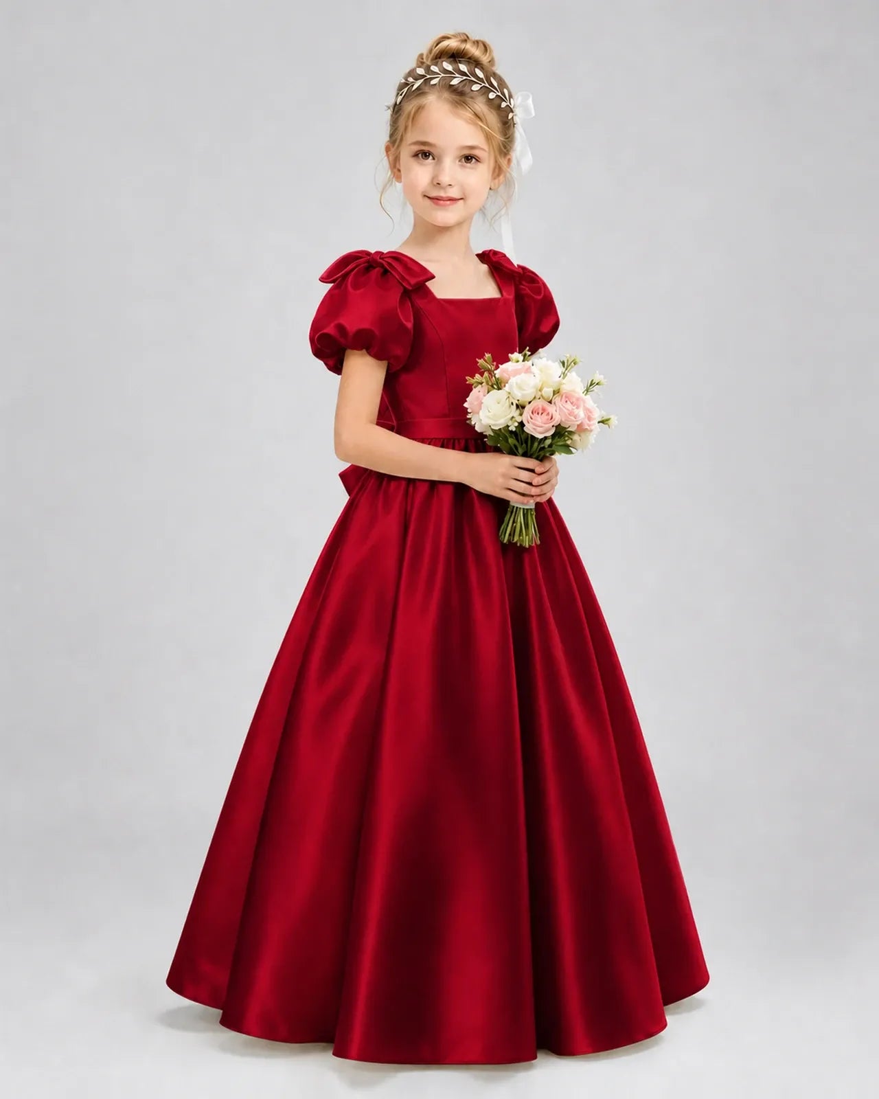 Burgundy Satin A-line Flower Girl Dress Front View
