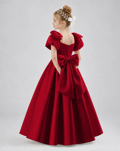 Burgundy Satin A-line Flower Girl Dress Side View