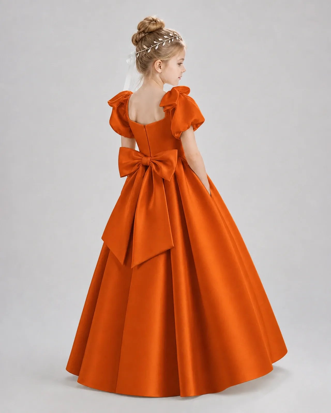 Burnt Orange Satin A-line Flower Girl Dress Back View