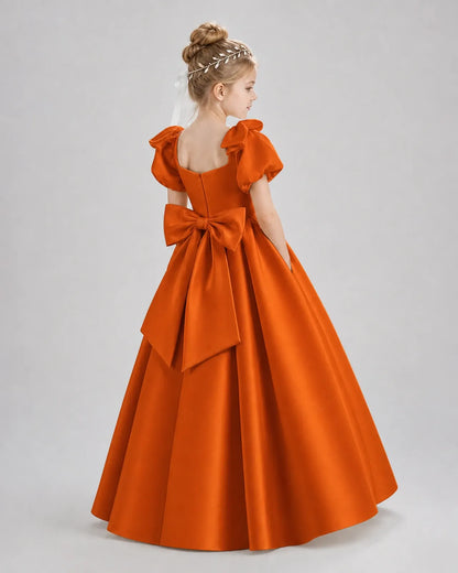 Burnt Orange Satin A-line Flower Girl Dress Back View