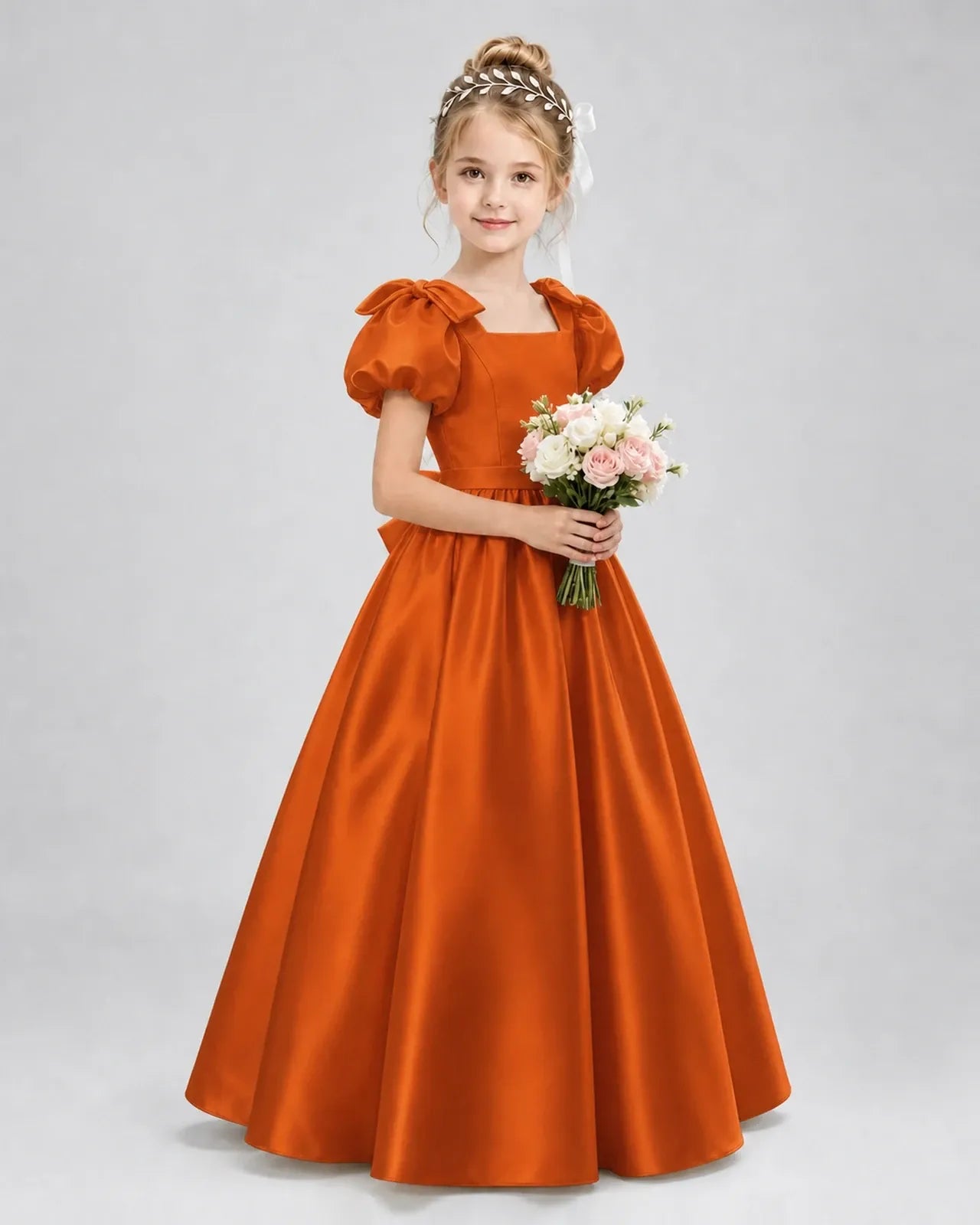 Burnt Orange Satin A-line Flower Girl Dress Front View