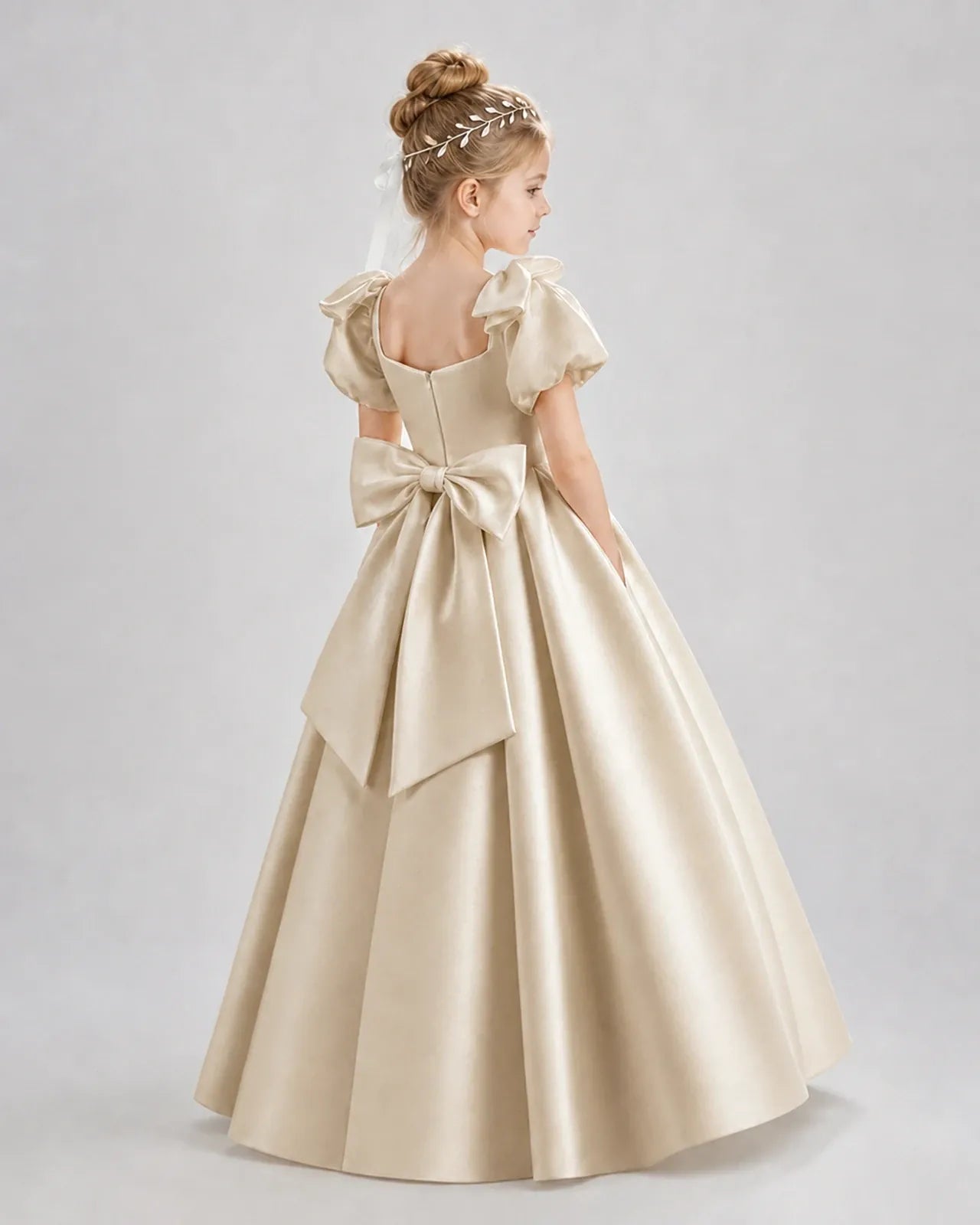 Champagne Satin A-line Flower Girl Dress Back View