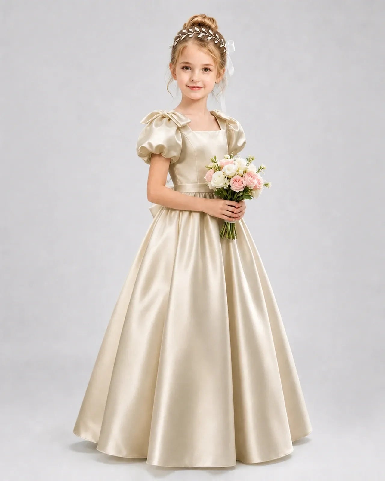 Champagne Satin A-line Flower Girl Dress Front View