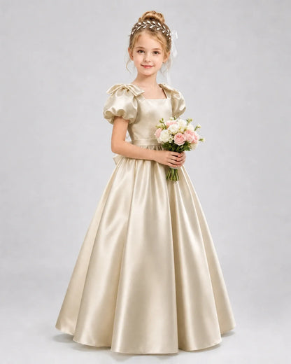 Champagne Satin A-line Flower Girl Dress Front View