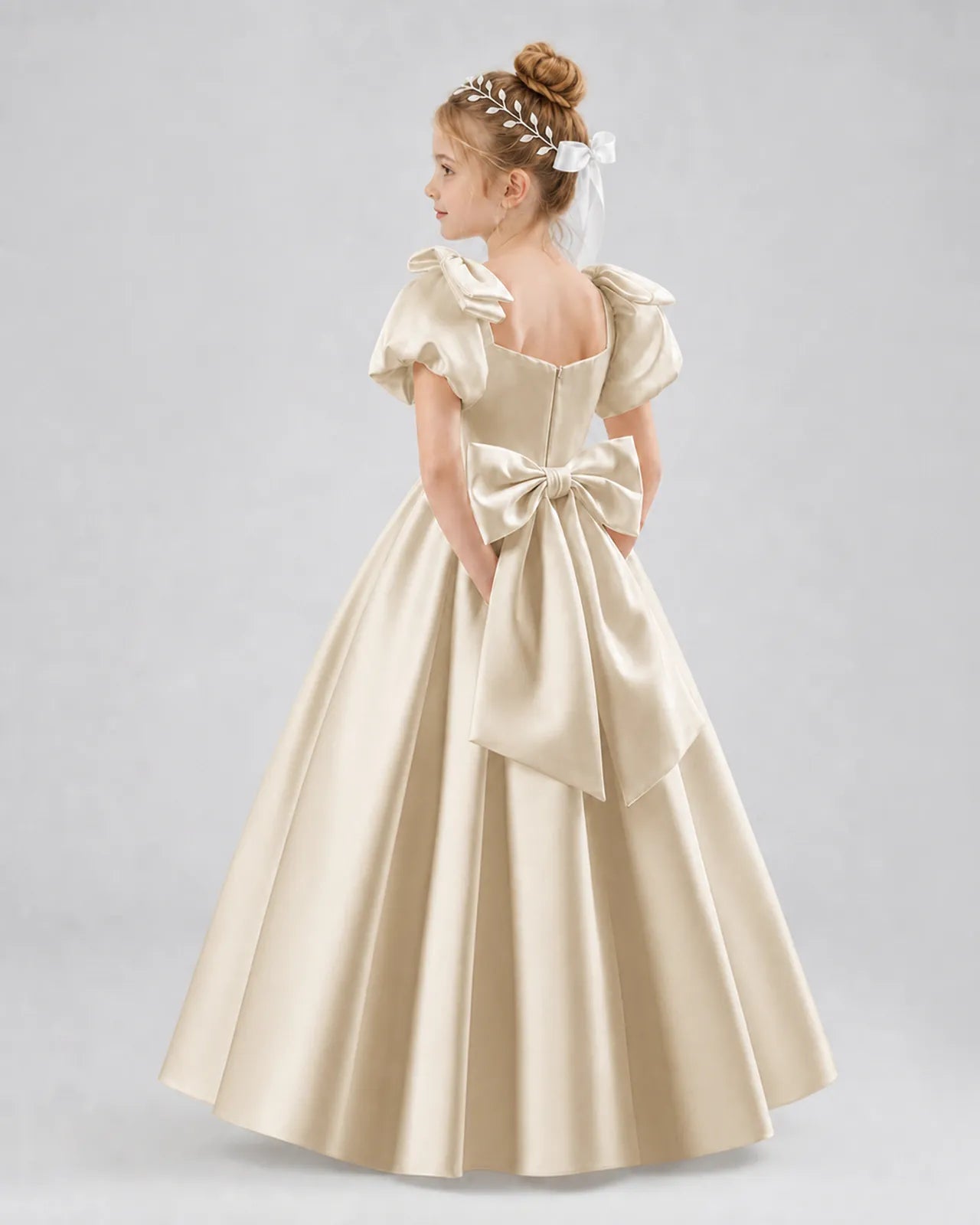 Champagne Satin A-line Flower Girl Dress Side View