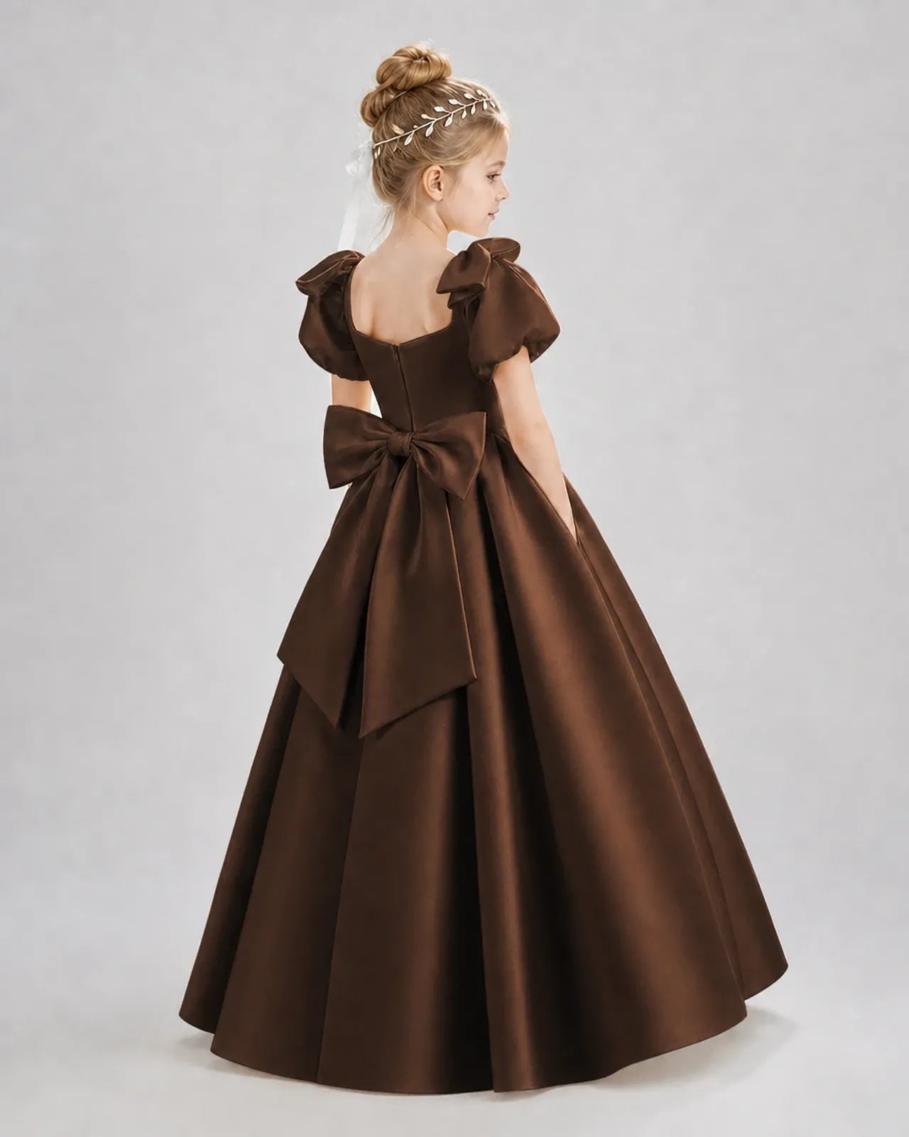 Chocolate Satin A-line Flower Girl Dress Back View