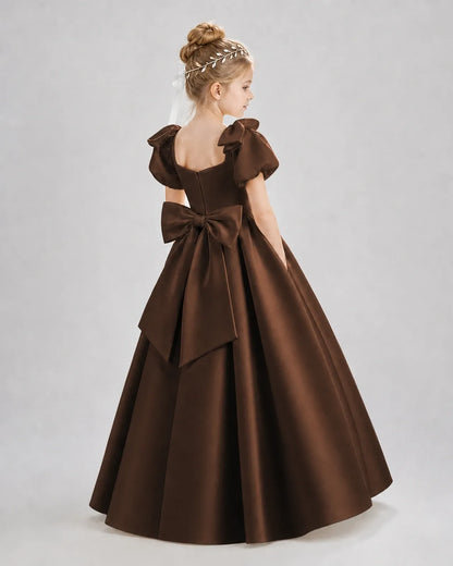 Chocolate Satin A-line Flower Girl Dress Back View