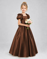 Chocolate Satin A-line Flower Girl Dress Front View