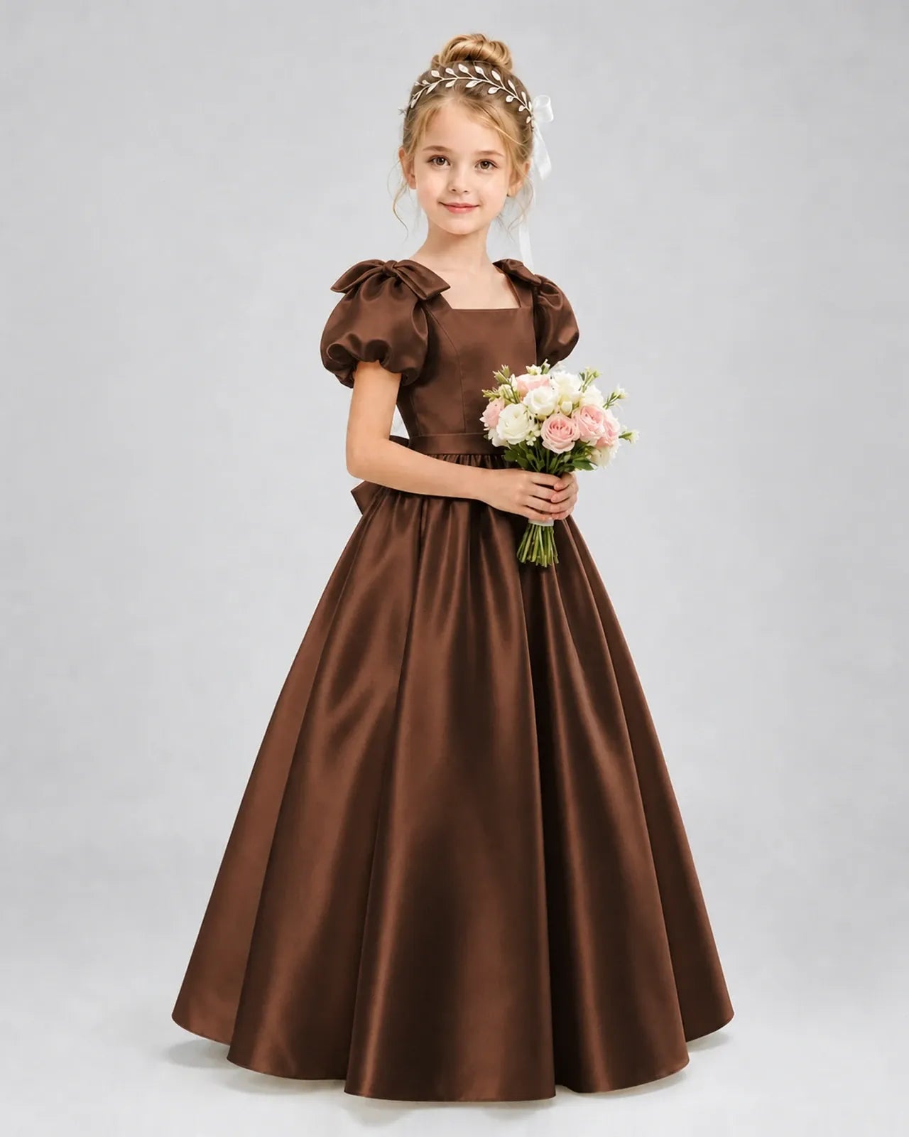 Chocolate Satin A-line Flower Girl Dress Front View
