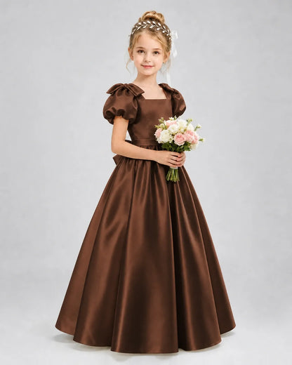 Chocolate Satin A-line Flower Girl Dress Front View