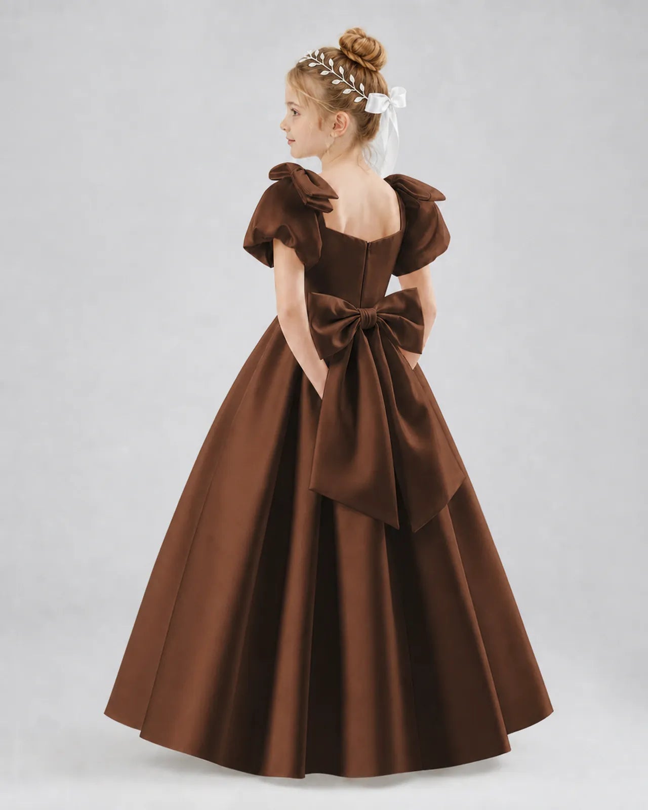 Chocolate Satin A-line Flower Girl Dress Side View