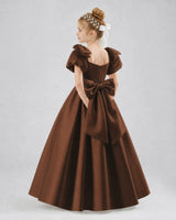 Chocolate Satin A-line Flower Girl Dress Side View